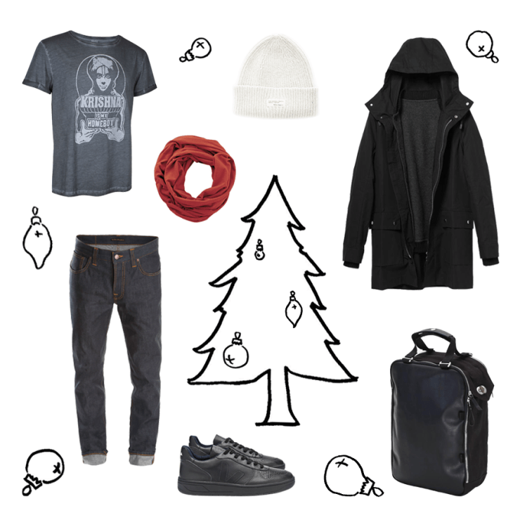 ökologische T-Shirt, Nudie Jeans, Veja Schuhe, Qweston Coat und Dayback