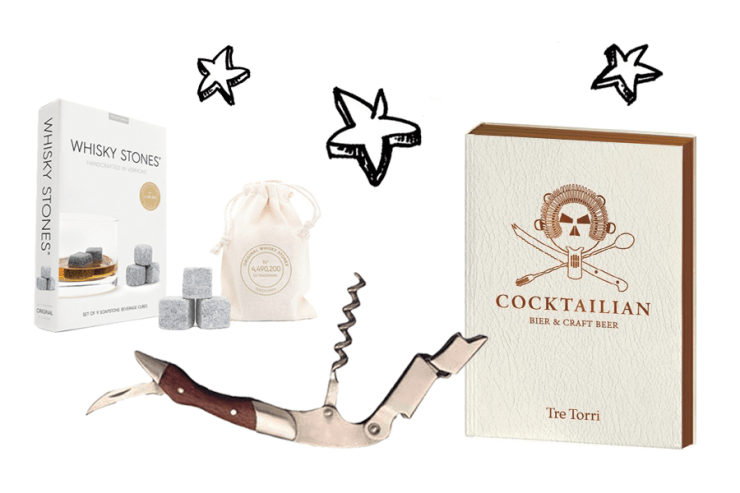 Weihnachtsgeschenke für Männer: Cocktailbuch, Whiskystones, Flaschenöffner mit Rosenholz-Griff