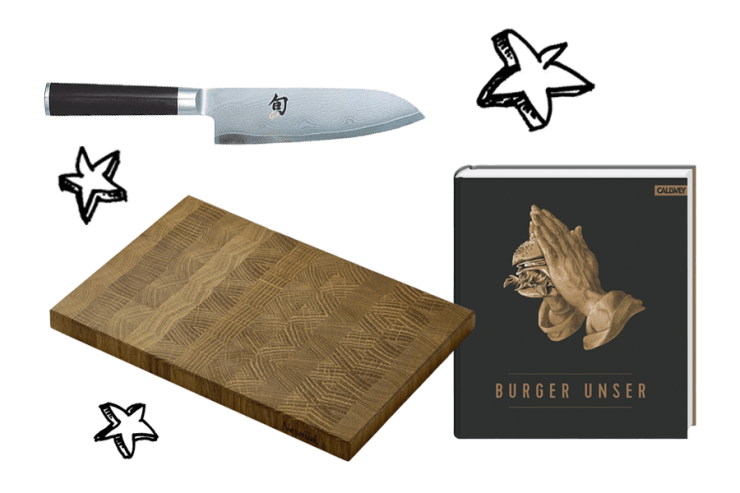 Weihnachtgeschänke für Männner, Burger-Bibel, Japanmesser, Schneidbrett